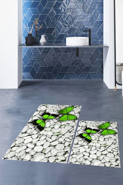 EY HOME Set de scaune de toaletă cu model de fluturi 3D, lavabil, ștergabil, dublu, covor de baie, KLOZET-45-GREEN,