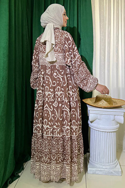 julude Patterned Chiffon Dress - Brown, Half Buttoned and Lined