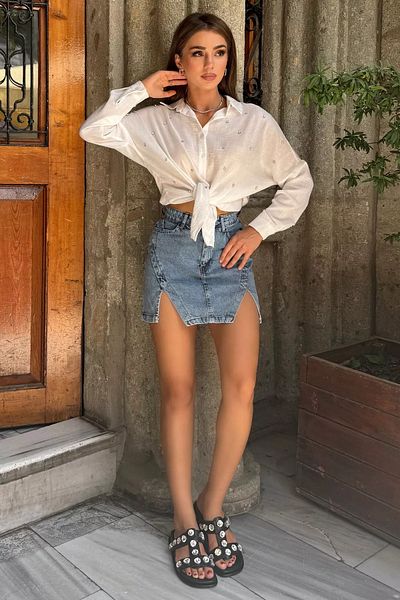 GÜLSELİ Fusta Jean Denim - Albastru și Detaliu Slit