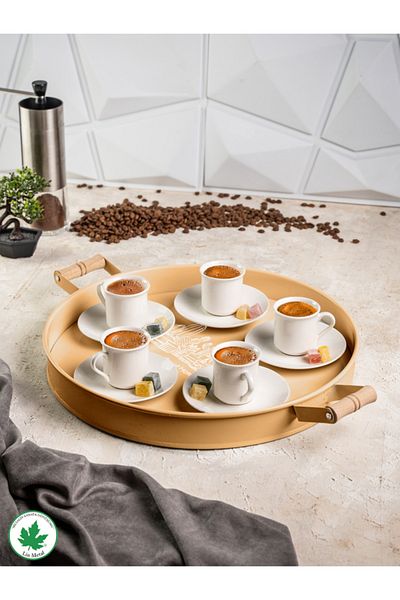 linmetal 37cm Metal Round Coffee Tray with Wooden Handle - Presentation and Wooden Handle