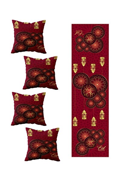 Pelangi Bordo Eid Mubarak Ramazan Masa Değişik Ranır Modelleri Dekoratif 4'lü Kırlent Kılıfı Runner Seti