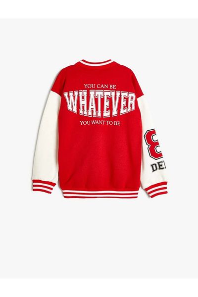 Koton Girl's College Jacket - Applique Detailed, Long Sleeve, Color Block Snap Closure