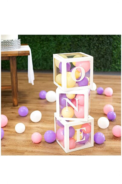 BİDOLUMUTLULUK One Yazılı Lila Balonlu Şeffaf Kutu Harf Beyaz 25 Cm Parti Eğlence Kutlama