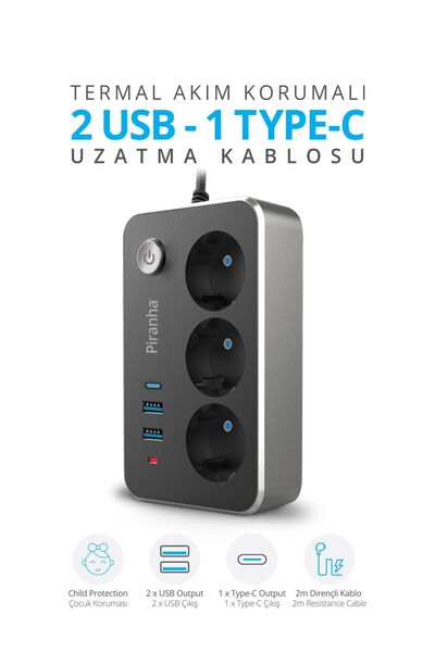Piranha 45650 Akım Korumalı / 2 X Usb - 1 X Type-c Girişli / 3'lü Priz Uzatma Kablosu / 2 Metre Kablo