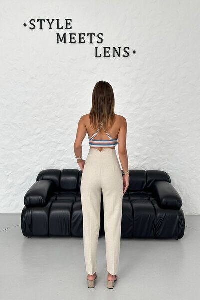 OUZ Fashion Kadın Keten Yüksek Bel Pensli Pantolon