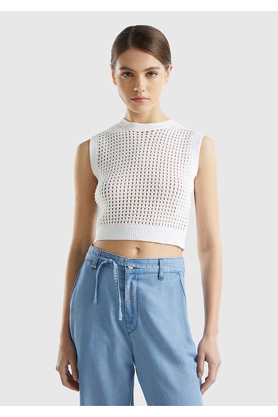 United Colors of Benetton White Motif Thick Strap 100% Cotton Women's Sweater