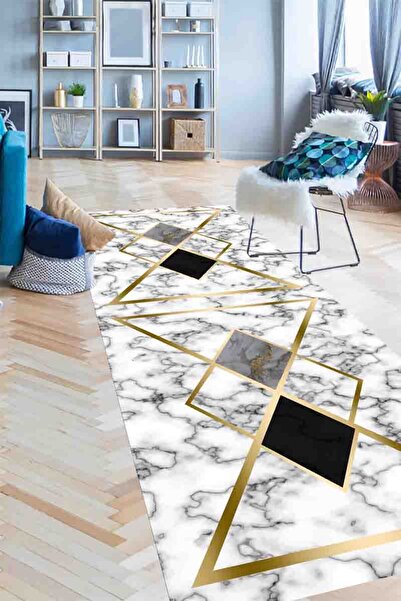 Vertigo Gold Colored Marble Patterned Long Carpet - Non-Slip and Washable Runners