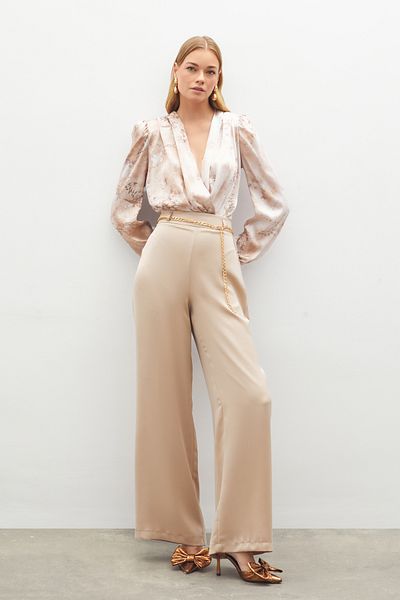 Sateen Satin Crepe Trousers with Chain - Beige