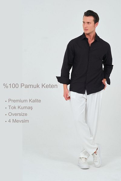RELAXL Мъжка черна ленена риза Oversize - 100% памук, дълъг ръкав