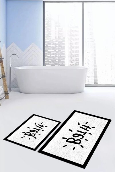 EY HOME Printed Washable Non-Slip Framed Bath Mat with Writing, Double Bathroom Rug, Toilet Seat Set