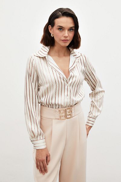 Sateen قميص كلاسيكي مخطط بني