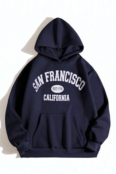 MODAGEN Uniszex sötétkék San Francisco nyomott, túlméretezett kapucnis pulóver