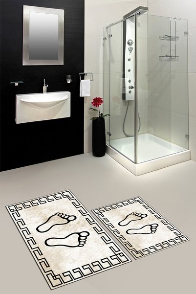 EY HOME Printed Washable Non-Slip Framed Footprint Patterned Double Bathroom Rug Toilet Set