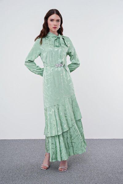 Zühre Fiyonk Yakalı Desenli Uzun Mint Elbise E-0373