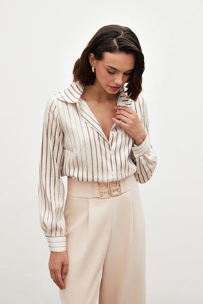 Sateen قميص كلاسيكي مخطط بني