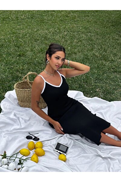 HARMONY GLOBAL Siyah Fitilli Likralı Yaka Şerit Detaylı Askılı Midi Boy Triko...