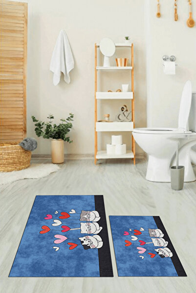 EY HOME με τύπωμα Σετ τουαλέτας με χαλάκι μπάνιου διπλό με μοτίβο γάτες, αντι...