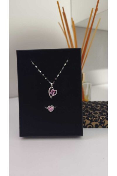 JUPİTER HOME Kadın Çelik Pandora,s Yüzük Ve Pembe Pırlanta Taşlı Kalpli Kolye 2,li Set