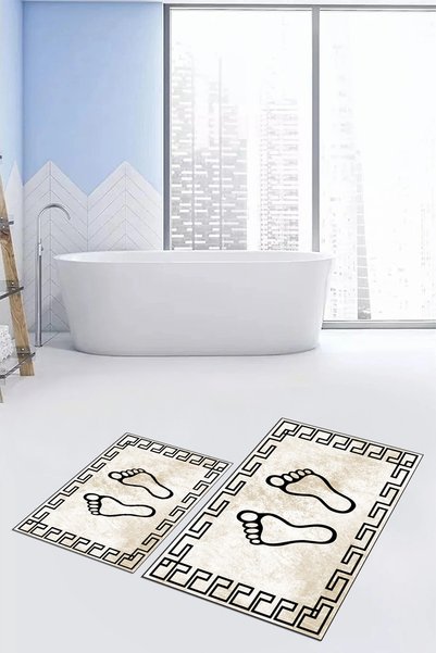 EY HOME Printed Washable Non-Slip Framed Footprint Patterned Double Bathroom Rug Toilet Set