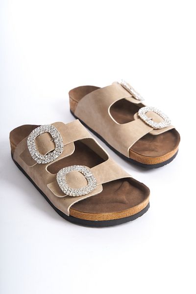 Shoesers Γυναικείες παντόφλες Poly Beige - Πέτρινη πόρπη, Διπλό λουράκι Eva Sole Casual Παπούτσια