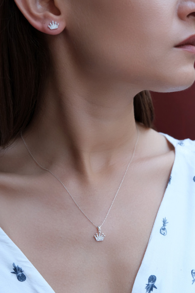 Especial Silver KADIN/KIZ ÇOCUK KRAL TAÇ MODEL KOLYE KÜPE SETİ  ZİRKON TAŞLI ...