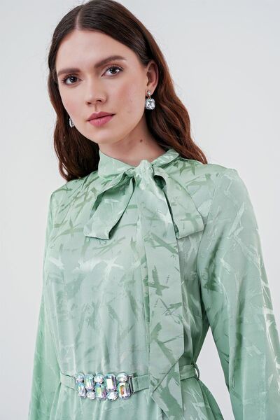 Zühre Fiyonk Yakalı Desenli Uzun Mint Elbise E-0373