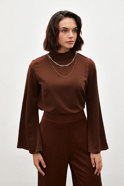 Sateen Spanish Necklace Blouse - Brown