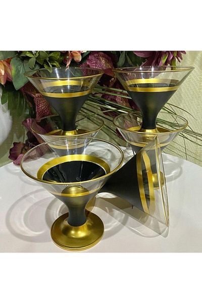 Paşabahçe Set of 6 Hand Decorated and Engraved Glass Sugar Bowl, Turkish Delight Bowl, Chocolate Bowl, Ice Cream Bowl, Cup