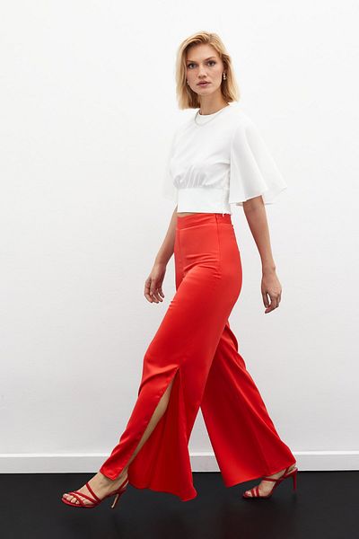 Sateen Slit detailed satin trousers - mercan