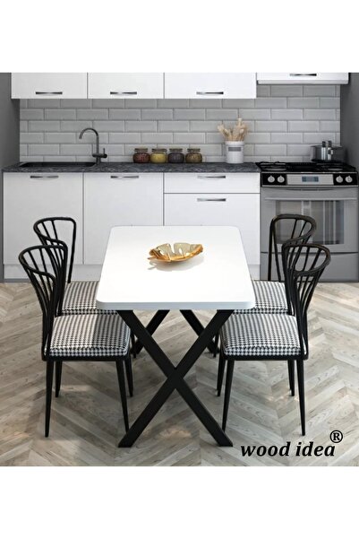 wood idea Yemek Masası Takımı ( X ) Ayaklı Mutfak Masası 70X110 + 4 Adet Sandalye - Beyaz
