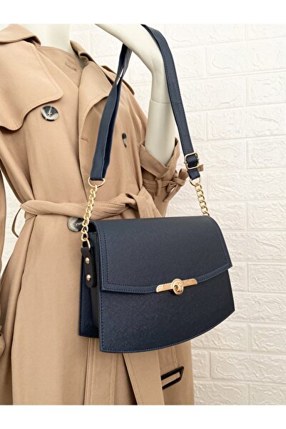 minola حقيبة كتف نسائية سوداء بحزام طويل وسلسلة مفصلة