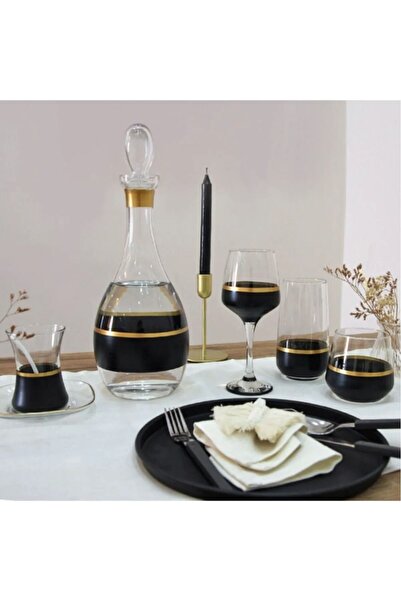 P H Panayır Home 61 Piece Glass Black Gold - Tea and Water Cup Set, Glass Jug and Tableware Set