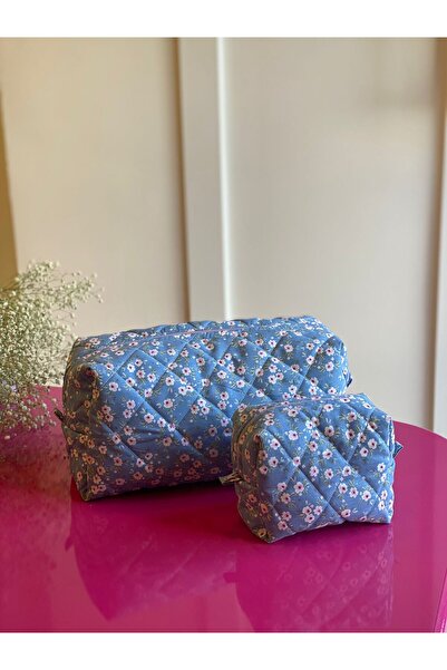 Dey مجموعة حقيبة مكياج متوسطة الحجم وديسون بوي بنمط زهور زرقاء