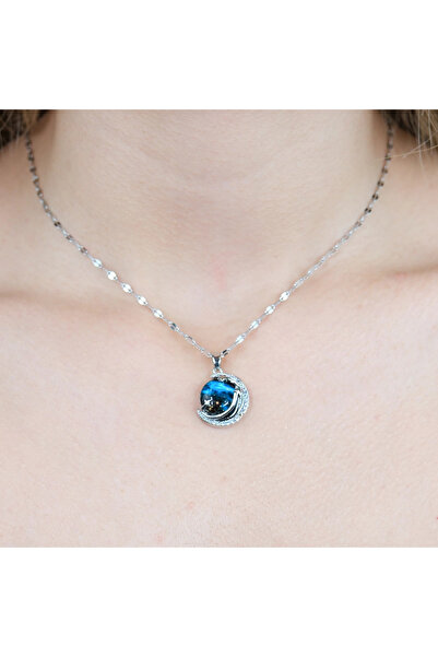 MEC TOPTAN Paslanmaz Çelik Gümüş  Mavi Hilal Dünya Uzay Gezegen Kolye-Kutulu