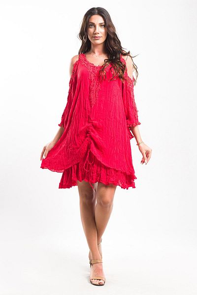 Sosyete Kaplumbağa Women's Authentic Voile Cotton Guipure Strap Red Mini Dress with Angle Sleeves