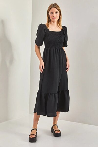 Siyah Kadın Siyah Bürümcük Kumaş Gipeli Balon Kol Bodrum Elbise 125 Cm