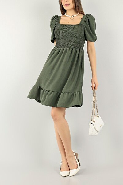 KaSheHa Koyu Yeşil Kare Yaka Fakir Kol Bürümcük Kumaş Gipeli Elbise 95 Cm