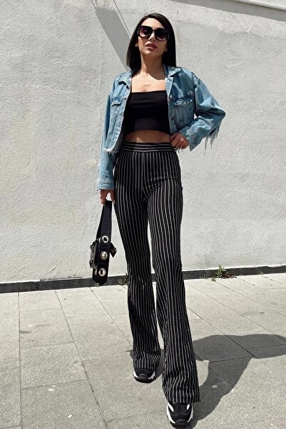 KaSheHa Çizgili Toparlayıcı Yüksek Bel Likralı Ispanyol Paça Pantolon 100 Cm