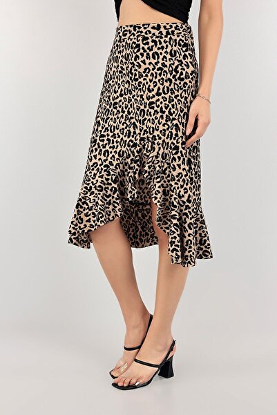 Siyah Kadın Vizon Leopar Desenli Asimetrik Kesim Yırtmaçlı Volanlı Midi Etek 80 Cm