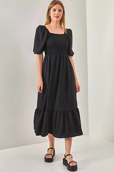 Siyah Kadın Siyah Bürümcük Kumaş Gipeli Balon Kol Bodrum Elbise 125 Cm