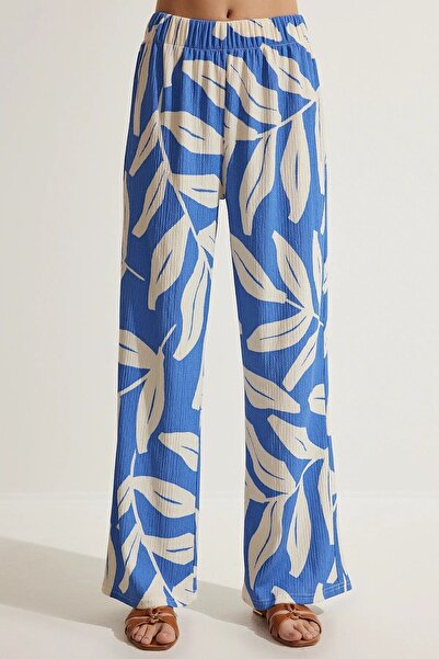 Siyah Kadın Bebek Mavisi Krinkıl Bürümcük Yaprak Desenli Palazzo Pantolon 105 Cm