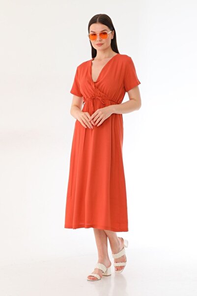 KaSheHa Nar Çiçeği Kruvaze Yaka Bağcıklı Kol Ve Beli Lastikli Dokuma Viskon U...