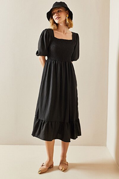 Siyah Kadın Siyah Bodrum Model Bel Ve Sırt Gipeli Bürümcük Kumaş Elbise 125 Cm