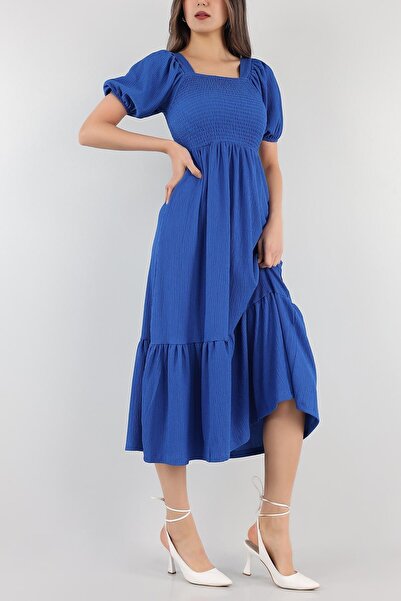 KaSheHa Ultramarin Mavisi Gofre Kumaş Gipeli Prenses Kol Bodrum Elbise 125 Cm