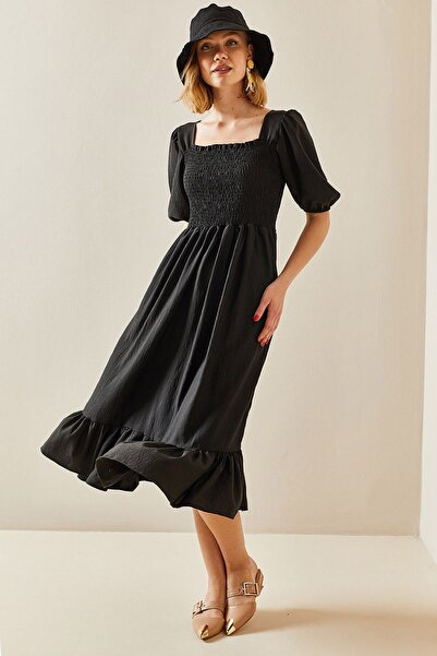 Siyah Kadın Siyah Bodrum Model Bel Ve Sırt Gipeli Bürümcük Kumaş Elbise 125 Cm