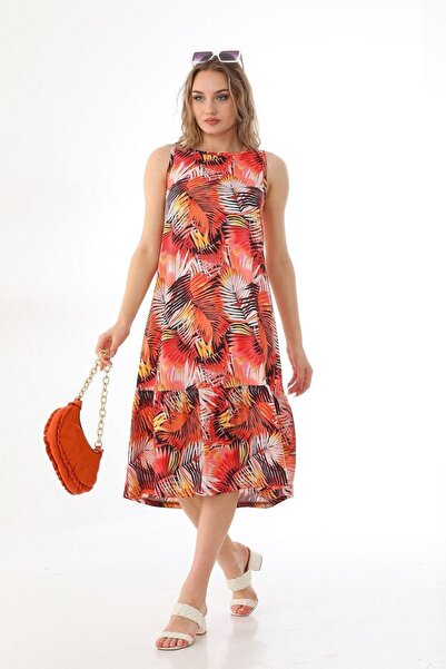 KaSheHa Kırmızı-hardal Desenli Kalın Askılı Eteği Pileli Dokuma Viskon Uzun Elbise 125 Cm