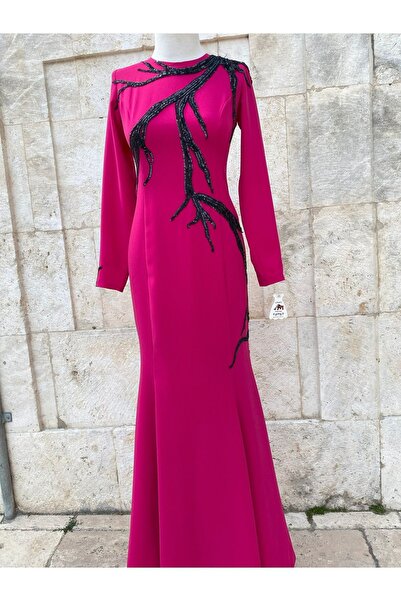 Butik Pul İşlemeli Yarım Balık Fuşya Tesettür Abiye