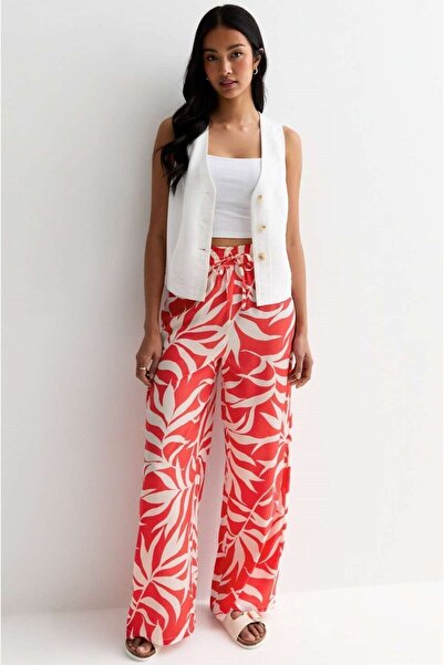 KaSheHa Fuşya Yaprak Desenli Dokuma Viskon Palazzo Pantolon 105 Cm