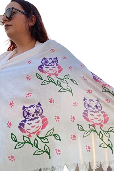 leillART Cotton White Color Owl Patterned Handmade Shawl Scarf