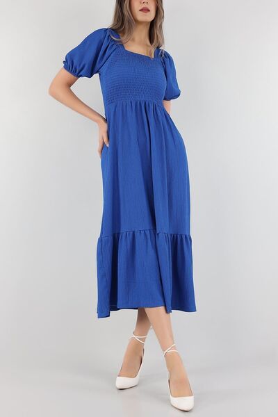 Siyah Kadın Safir Mavisi Bürümcük Kumaş Gipeli Balon Kol Bodrum Elbise 125 Cm